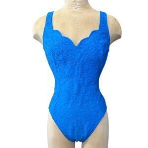 Longitude Vintage Swimsuit Blue One Piece Floral Textured 14 Tall 14T